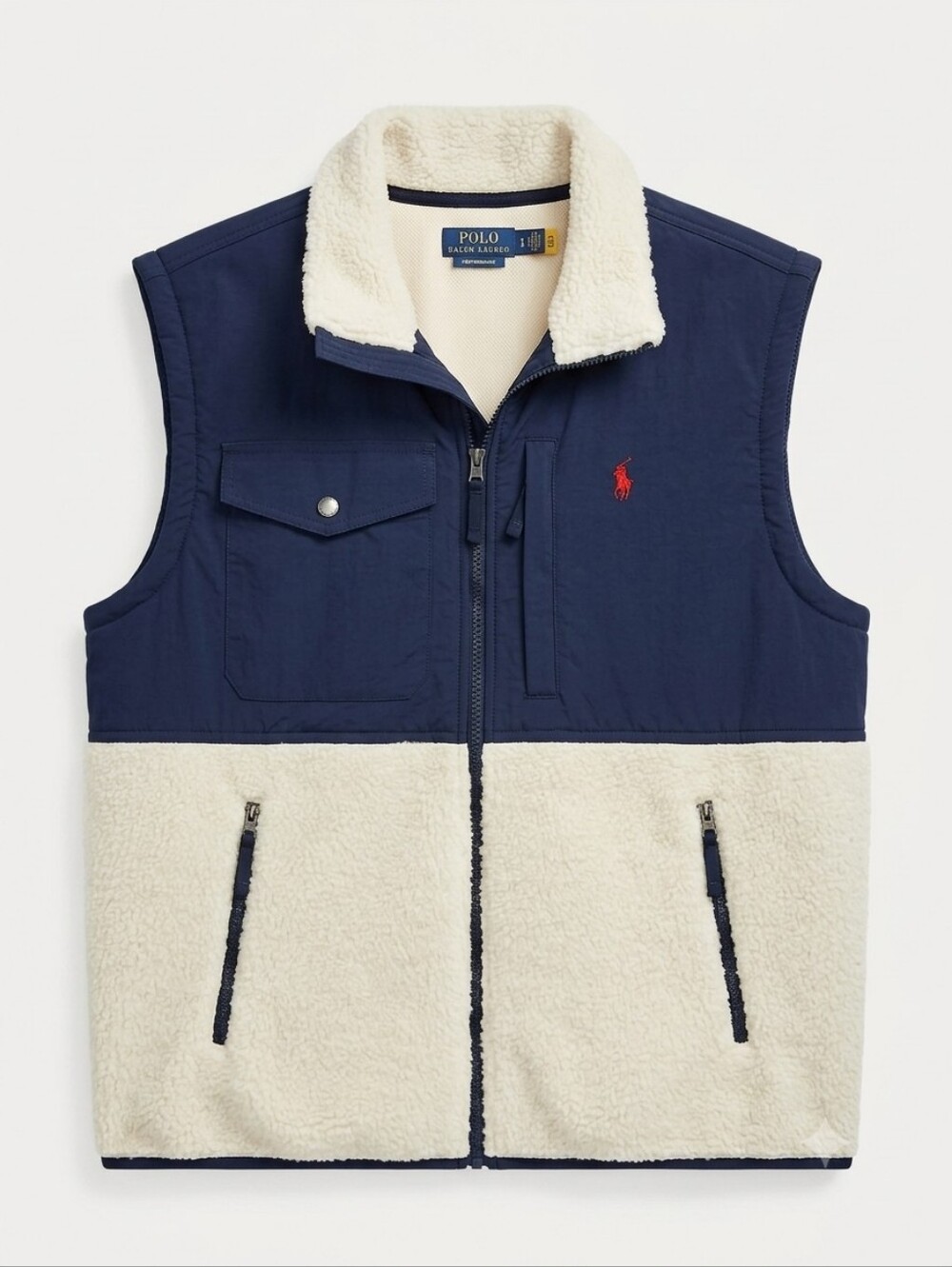 Polo Ralph Lauren Performance Sherpa Fleece Vest Navy Blue Cream Size XL Mens